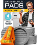 Anti-vibration pads 4-pack with shock absorbing material for heavy duty use, shown with a washing machine and orange level tool.
