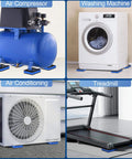 Appliances including air compressor, washing machine, air conditioning unit, treadmill on black stabilizing pads