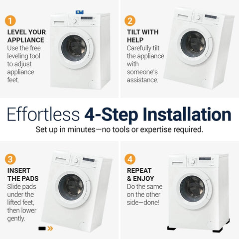 4-step installation guide for Anti Vibration Pads for Washing Machine and Dryer Set of 4 Universal Leveling Feet with step-by-step visuals.