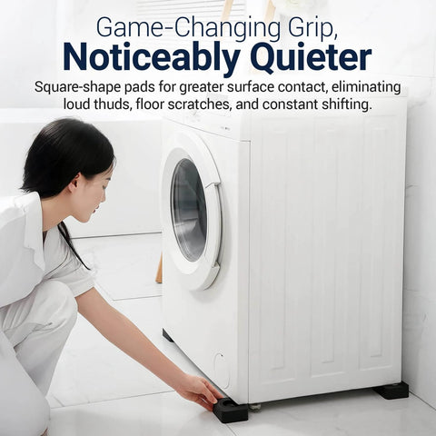 Person adjusting Anti Vibration Pads for Washing Machine and Dryer Set of 4 Universal Leveling Feet under a washer.