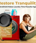 Woman reading next to washer with Anti Vibration Pads for Washing Machine and Dryer with HexaGrip Set of 4, highlighting rubber grip.