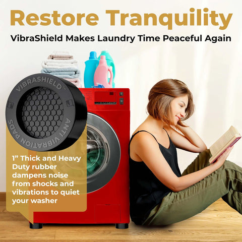 Woman reading next to washer with Anti Vibration Pads for Washing Machine and Dryer with HexaGrip Set of 4, highlighting rubber grip.