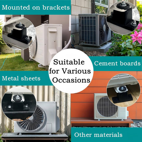 Durable anti vibration pads for outdoor mini split condensers provide stable support, shown mounted on various surfaces.