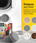 Anti-vibration pads for washer and dryer, designed to protect multiple floor types, shown with sample floor textures.