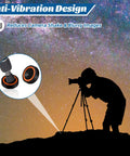 Silhouette of person using telescope on tripod with Six Pack 2.95 Inch Anti Vibration Pads For Telescope Mount And Camera Tripod, Vibration Suppression Pads For Astronomy, Nature Photography And Observing On Concrete, Grass, And Indoor Surfaces shown in close-up inset.