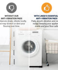 Comparison of washing machine with and without anti vibration pads, showing reduced vibration with Anti Vibration Pads for Washing Machine and Dryer Set of 4 Universal Leveling Feet.
