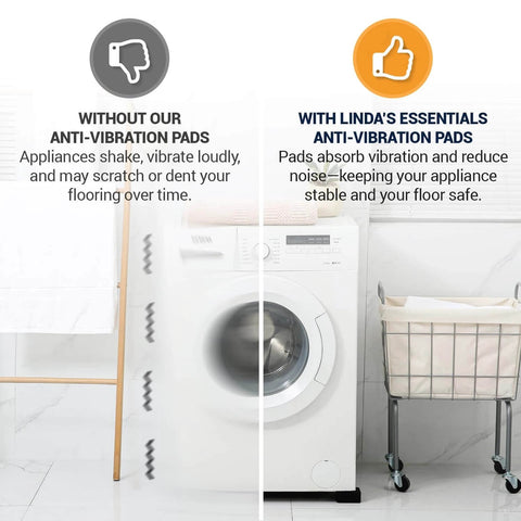 Comparison of washing machine with and without anti vibration pads, showing reduced vibration with Anti Vibration Pads for Washing Machine and Dryer Set of 4 Universal Leveling Feet.