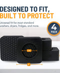 Anti Vibration Pads for Washing Machine and Dryer Set of 4 Universal Leveling Feet showing size details and packaging.