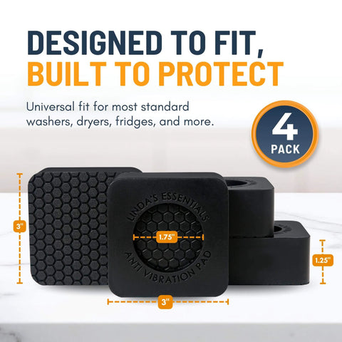 Anti Vibration Pads for Washing Machine and Dryer Set of 4 Universal Leveling Feet showing size details and packaging.