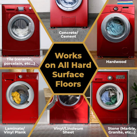 Anti Vibration Pads for Washing Machine and Dryer with HexaGrip Set of 4, adaptable to various hard floor surfaces like tile and hardwood.