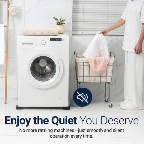 A person standing by a washing machine equipped with Anti Vibration Pads for Washing Machine and Dryer Set of 4 Universal Leveling Feet.