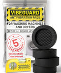 Vibeguard anti-vibration pads with bonus level for washing machines and dryers, set of 4 with 5-year warranty and satisfaction guarantee.