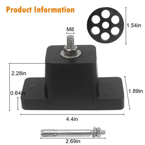 Anti Vibration Rubber Mounting Bracket For Outdoor Mini Split Air Conditioner Condensers Ground Stand And Wall Mount Bracket And Air Compressor Feet With Shock Absorption And Up To 1000 Pound Capacity, showing product dimensions and components with black bracket and metal bolt.
