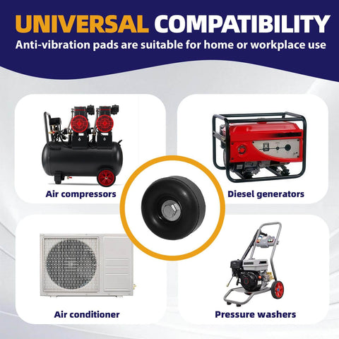 4-Pack Heavy Duty Anti Vibration Rubber Foot Pads With Screw On Bumpers, shown with compressors, generators, washers use