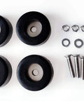 Four durable rubber anti vibration pads with 1.5 in outer diameter and 0.75 in height, screws and nuts included, top view.