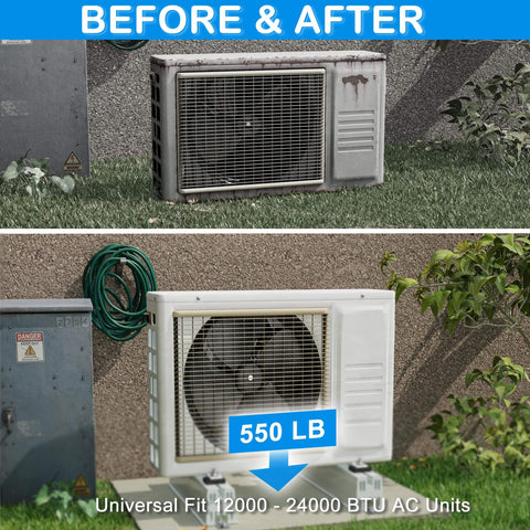 Before and after view of anti vibration mini split mounting base delivers stable floor support for 12000BTU to 24000BTU condensers.
