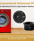 Anti Vibration Pads for Washing Machine and Dryer with HexaGrip Set of 4 next to red washer showing size dimensions and fit.
