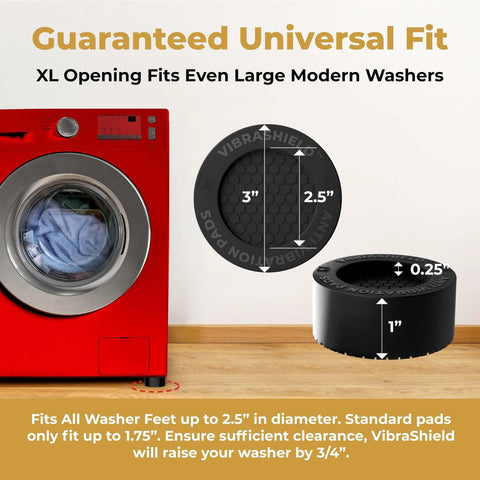 Anti Vibration Pads for Washing Machine and Dryer with HexaGrip Set of 4 next to red washer showing size dimensions and fit.