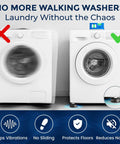 Comparison of washers showing effects of anti-vibration pads with one stable washer and one shaky, symbols for vibration control.