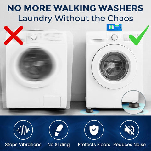 Comparison of washers showing effects of anti-vibration pads with one stable washer and one shaky, symbols for vibration control.