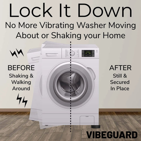 Infographic of VIBEGAURD reducing washing machine vibration before and after illustration."