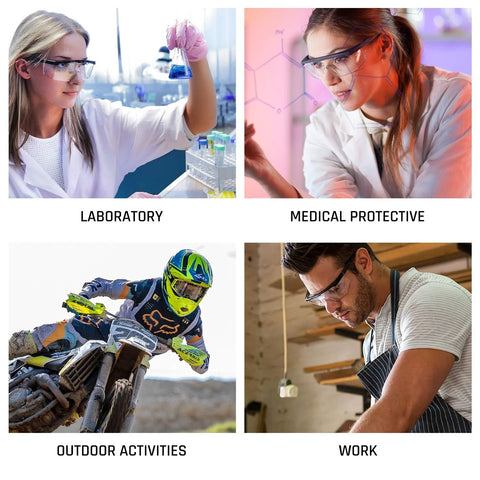 Collage of people wearing HD Anti Fog Safety Glasses Over Eyeglasses With Adjustable Frame in laboratory, medical, outdoor, and work settings.