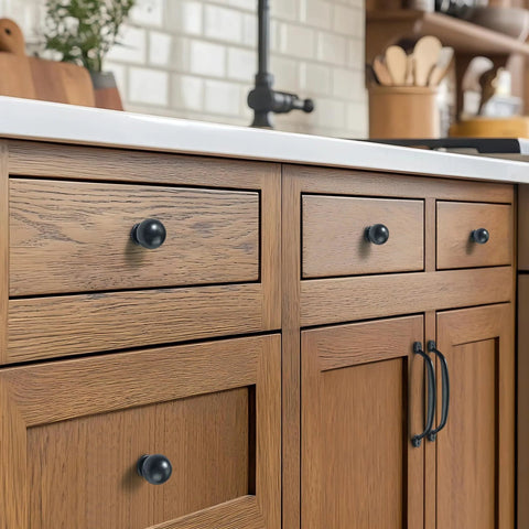 10 Pack Antique Black Cabinet Handles For Kitchen And Bedroom, 4 Inch Screw Spacing 102mm, shown on wood cabinets