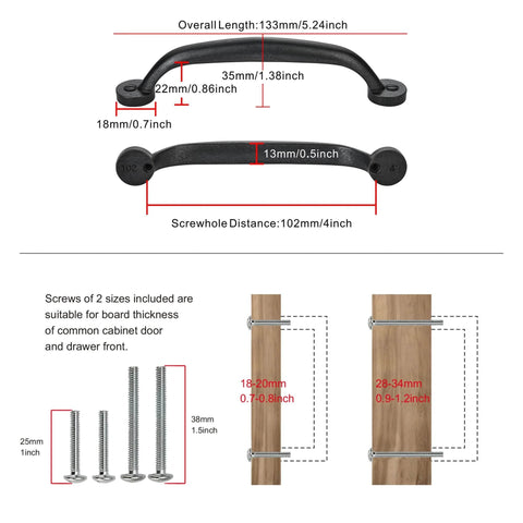 10 Pack Antique Black Cabinet Handles For Kitchen And Bedroom, 4 Inch Screw Spacing 102mm shown with dimensions and screw sizes