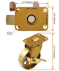 Close-up of 3.5 Inch Brake Locking Caster Swivel Wheel Set Of 4 With Copper Antique Gold Finish Cast Iron Industrial Heavy Duty Retro Cart Style 225 Lbs Each 900 Lbs Total Capacity Ideal For Industrial Furniture Vintage Decor And DIY Projects, showing measurements and brake mechanism.