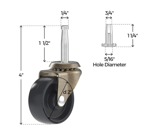 Antique Brass Plated Steel Caster With Plastic Wheel 2 Inch Diameter Pack Of Four Stem Caster Wheel With Ball Bearings dimensions