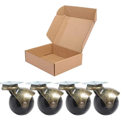 Ball Caster Wheels Set Of 4, 2 Inch Swivel Furniture Castors With Antique Brass Top Plate shown with open packaging box