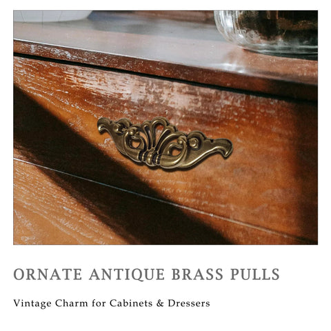 Antique Brass Bail Drawer Pulls 4 Pack With 3-3/8 Inch Hole Centers 85mm Vintage Cabinet Handles Classic Leaf Scroll Design