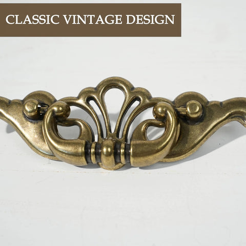 Antique Brass Bail Drawer Pulls 4 Pack With 3-3/8 Inch Hole Centers 85mm Vintage Cabinet Handles Classic Leaf Scroll Design