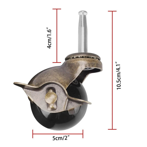Four Pack 2 Inch Heavy Duty Ball Caster Wheels With Antique Brass Finish Swivel Stem Casters Replacement Set For Furniture Carts And Tool Boxes Includes Four Stem Sockets Smooth Quiet Rolling With Precision Ball Bearings side view showing dimensions