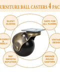 2 Inch Vintage Caster Wheels 4 Pack Antique Brass Swivel Ball Casters Heavy Duty Furniture Wheels featuring swivel plate and silent gliding