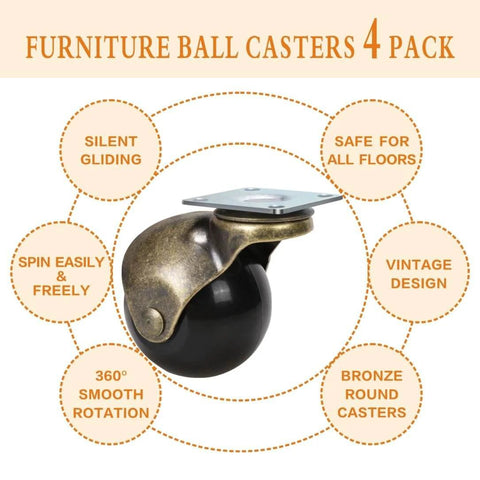 2 Inch Vintage Caster Wheels 4 Pack Antique Brass Swivel Ball Casters Heavy Duty Furniture Wheels featuring swivel plate and silent gliding