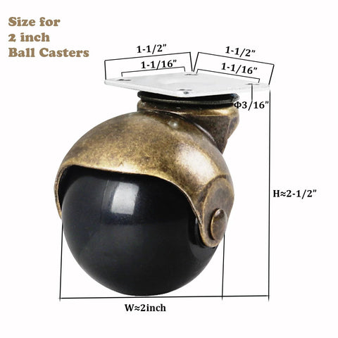 Ball Caster Wheels Set Of 4, 2 Inch Swivel Furniture Castors With Antique Brass Top Plate, close-up view showing dimensions