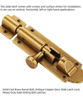 Solid Cast Brass Barrel Bolt For Doors And Gates, Antique Brass Sliding Latch Lock with screws, viewed from the front