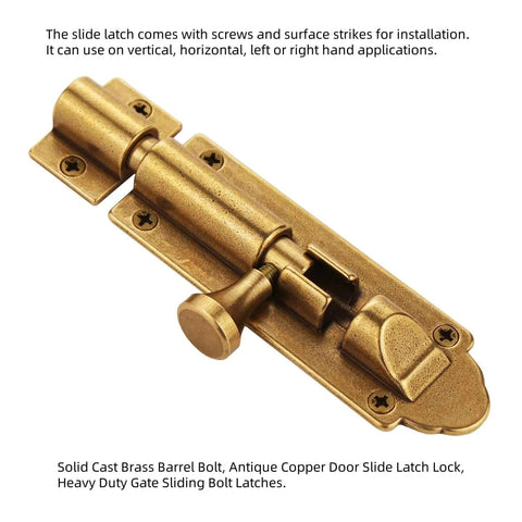 Solid Cast Brass Barrel Bolt For Doors And Gates, Antique Brass Sliding Latch Lock with screws, viewed from the front