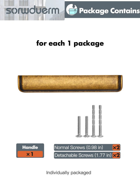 Package contents of Five Pack 5 Inch Antique Brass Cabinet Cup Pulls For Kitchen And Bath, with screws and handle.