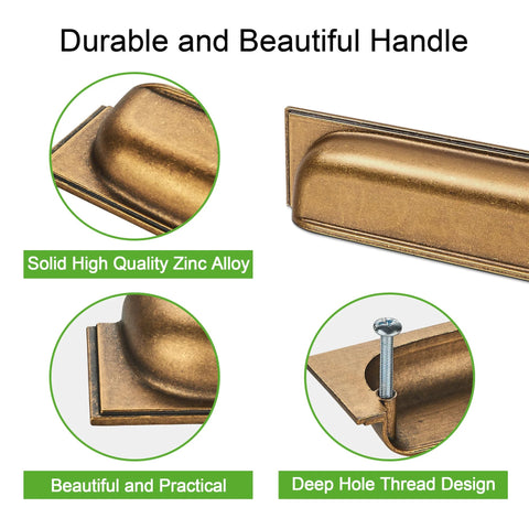 Close-up of 10 Pack Antique Brass Cabinet Cup Pulls 5 Inch 128mm Durable Zinc Alloy with deep hole thread design and smooth finish.