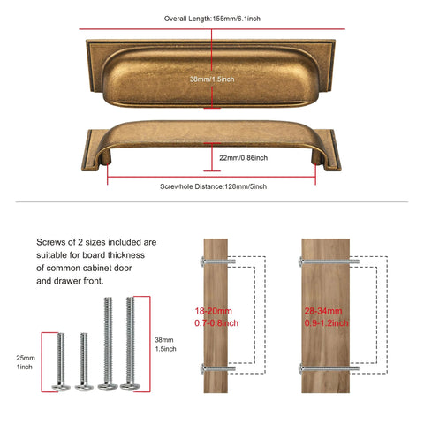 Diagram of 10 Pack Antique Brass Cabinet Cup Pulls 5 Inch 128mm Durable Zinc Alloy Cabinet Handles with screws and measurement details