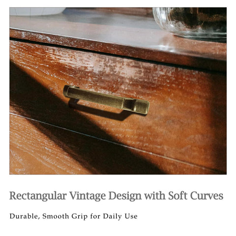 Antique Brass Rectangular Cabinet Handles 4 Pack With 3 Inch Hole Centers on wooden dresser, classic farmhouse style