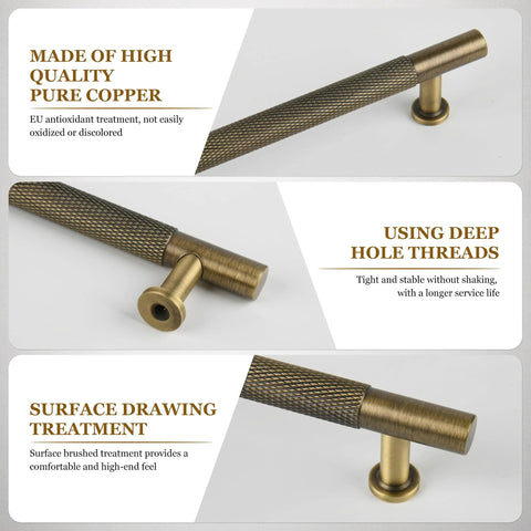 Antique Solid Brass Cabinet Handles 5 Pack Knurled 6-1/4 Inch Dresser Pulls showcasing copper quality, deep hole threads, and brushed finish.