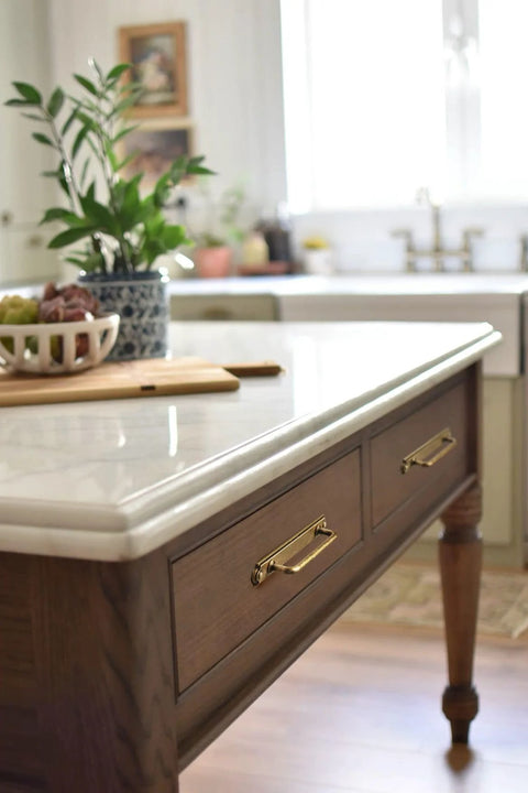 Set Of 2 5 Inch Center To Center Antique Brass Cabinet Handles With Industrial Backplate for kitchen drawer installation.