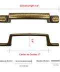 Antique Brass Rectangular Cabinet Handles 4 Pack With 3 Inch Hole Centers, 4.5 Inch Length, Top and Side View, Screw Details