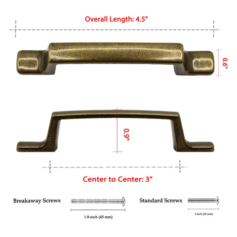 Antique Brass Rectangular Cabinet Handles 4 Pack With 3 Inch Hole Centers, 4.5 Inch Length, Top and Side View, Screw Details