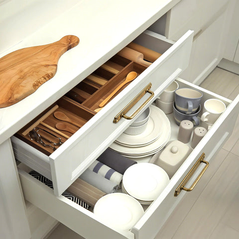 Open drawers with Set Of 2 5 Inch Center To Center Antique Brass Cabinet Handles With Industrial Backplate For Vintage Retro Minimalist Cabinet Hardware Ideal For Covering Old Holes And Elevating Kitchen And Bath Cabinets installed on white kitchen furniture.