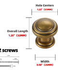 Antique Brass Cabinet Knobs 10 Pack For Kitchen Cabinets And Drawers Premium Alloy Hardware dimensions and features diagram
