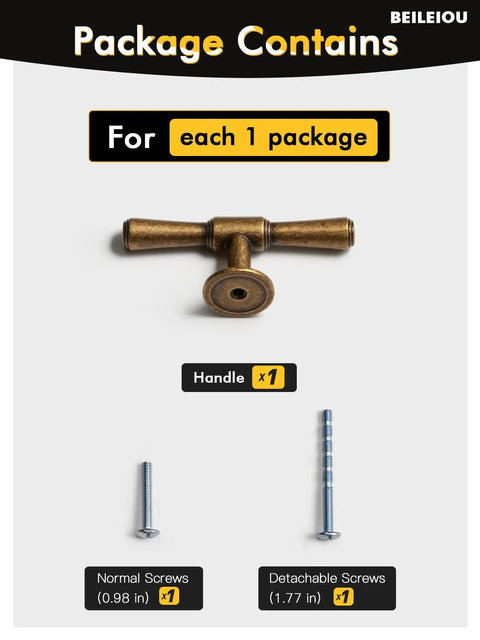 Antique Brass Cabinet Knobs Five Pack Single Hole Vintage Drawer Knobs with screws, showing knob and included hardware.